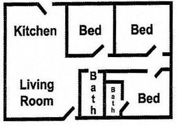 Floor plan for 3 beds, 2 baths, 1176 sqft